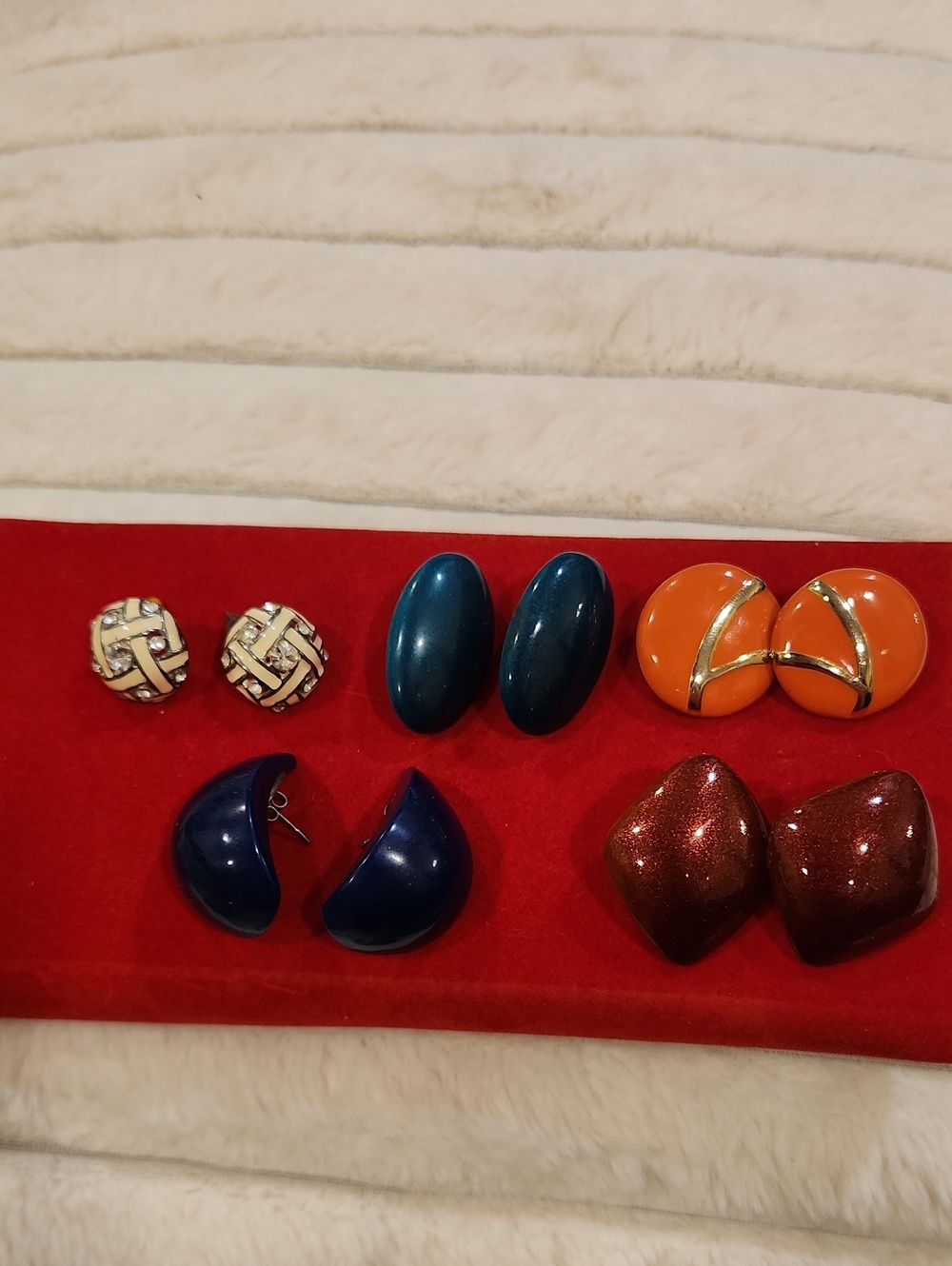 Assorted Women's Statement Clip-On Earrings - Blue, Orange, Navy, Red, Ivory